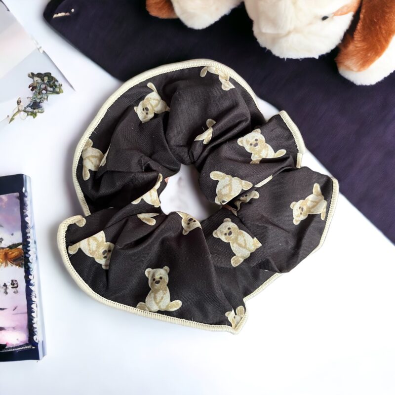 Gumka do włosów SCRUNCHIE frotka tkanina miś misie czarna