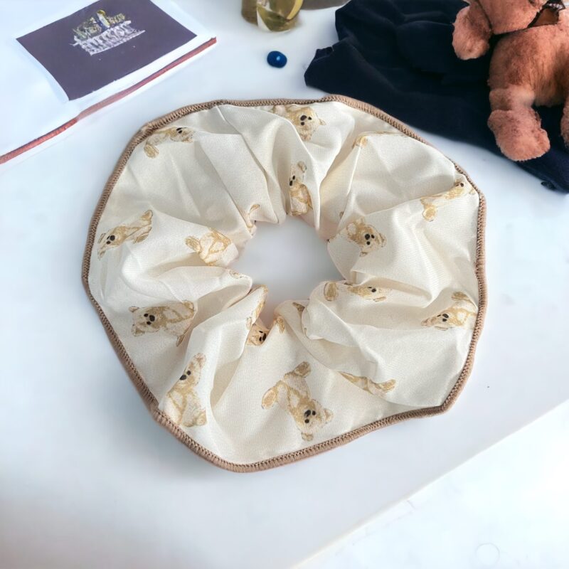 Gumka do włosów SCRUNCHIE frotka tkanina miś misie beżowa ecru