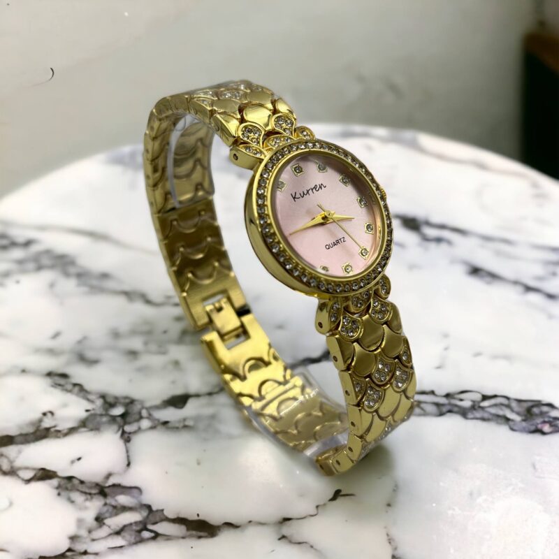 Zegarek damski klasyczny złota bransoleta cyrkonie koperta różowa