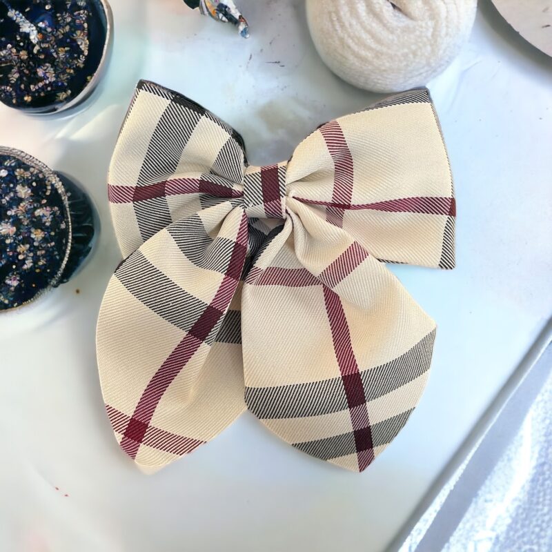 Spinka do włosów duża beżowa kratka burb kokardka kokarda