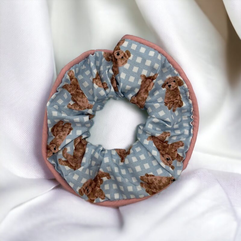 Gumka do włosów SCRUNCHIE frotka tkanina pieski pudel kratka błękit