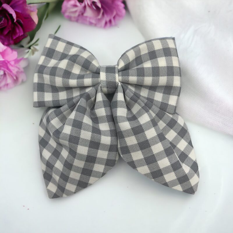 Spinka do włosów duża szara fioletowa kratka kokardka kokarda