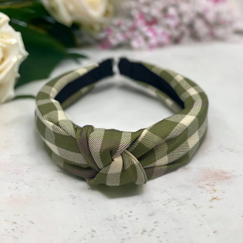 Opaska do włosów materiał supeł ZIELONA kratka krata