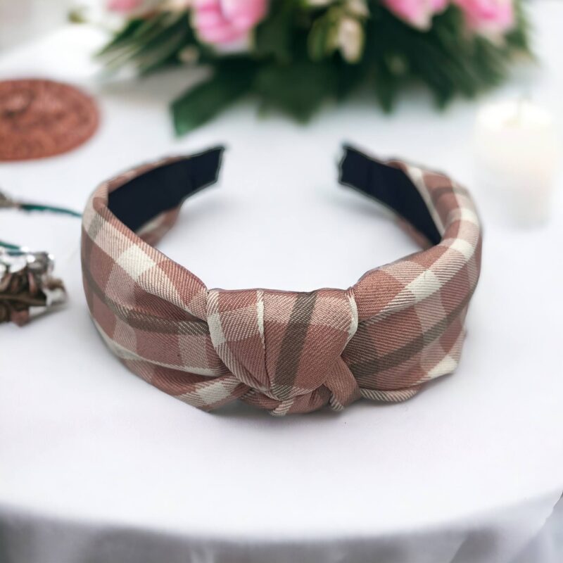 Opaska do włosów materiał supeł RÓŻOWA kratka krata