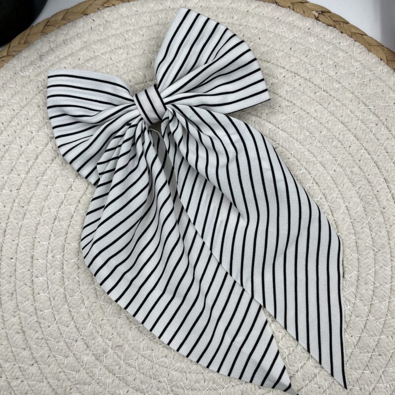 Spinka do włosów DUŻA biała kokarda czarne paski