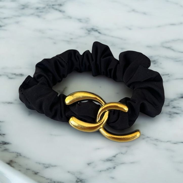 Gumka do włosów SCRUNCHIE czarna frotka złota aplikacja ozdoba