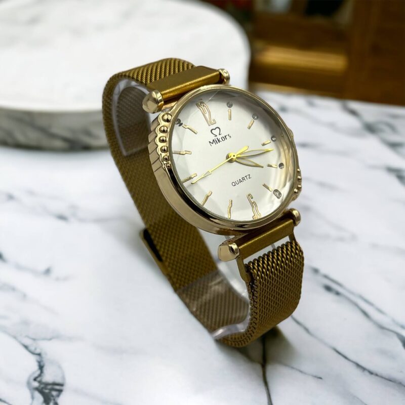 Zegarek damski analogowy pasek magnes złoty koperta kant cyrkonie stal