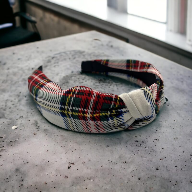 Opaska do włosów materiał supeł biała kratka prezent