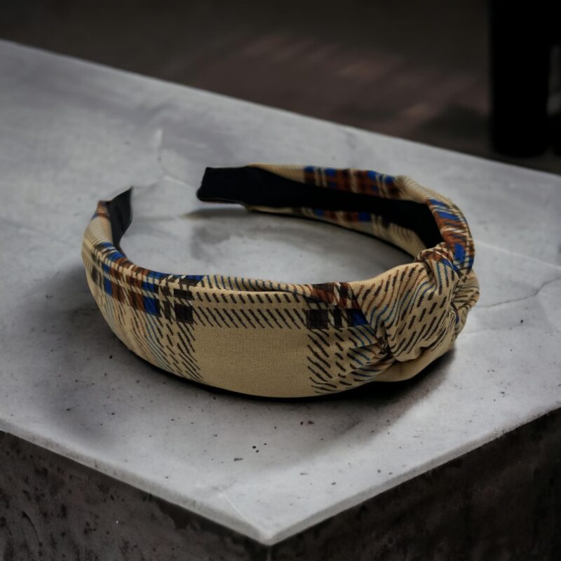 Opaska do włosów materiał supeł beżowa jasny brąz kratka prezent