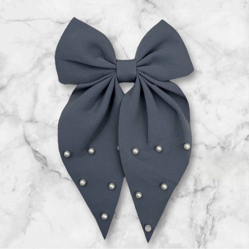 Gumka do włosów KOKARDA kokardka perełki koraliki szara