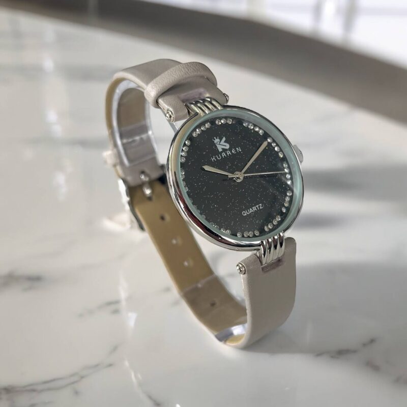 Zegarek damski analogowy szary pasek ekoskóra koperta brokat cyrkonie