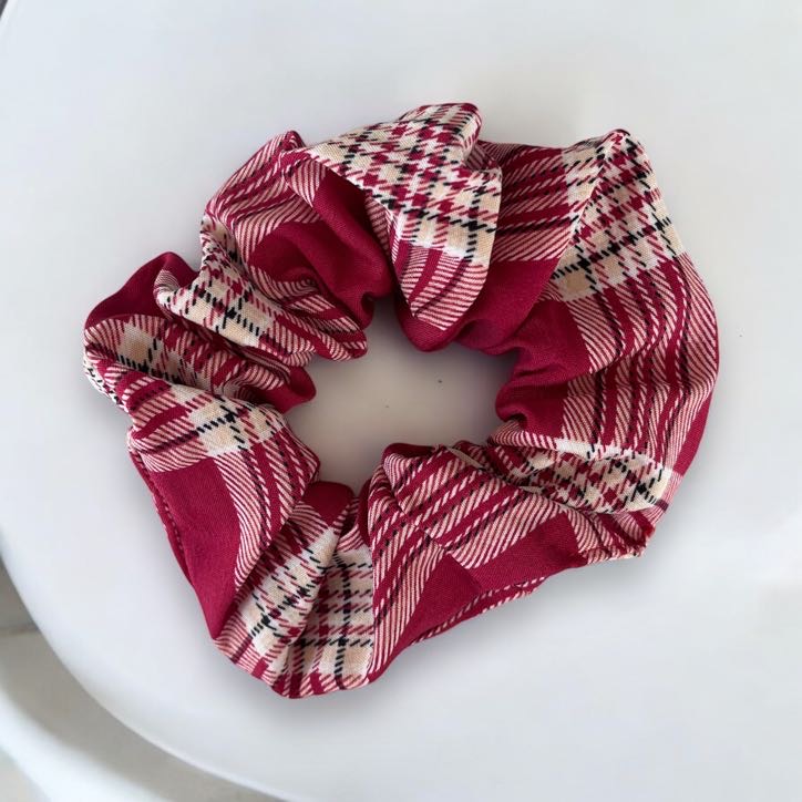 Gumka do włosów SCRUNCHIE frotka fuksja różowa wzór kratka