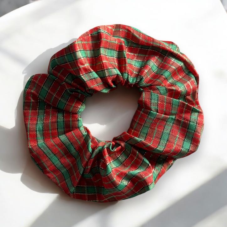 Gumka do włosów SCRUNCHIE frotka tkanina czerwona zielona kratka