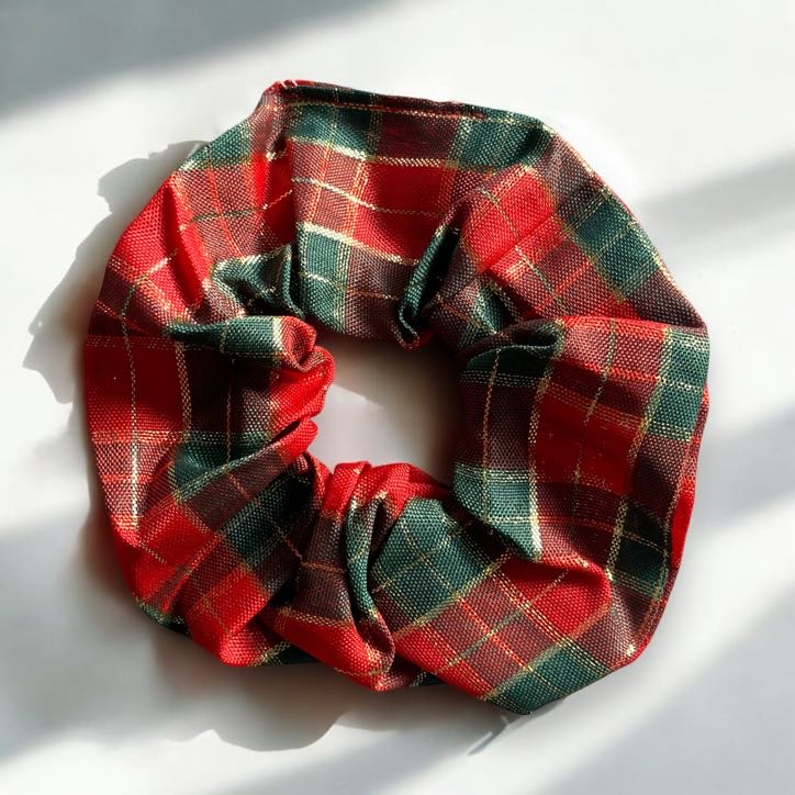 Gumka do włosów SCRUNCHIE frotka tkanina czerwona zielona kratka