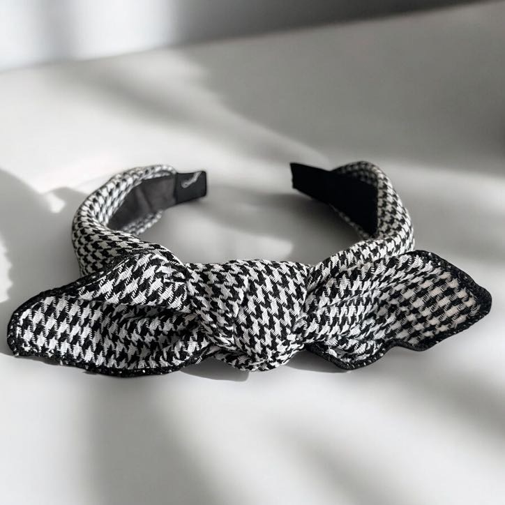 Opaska do włosów kokarda supeł czarna biała pepitka
