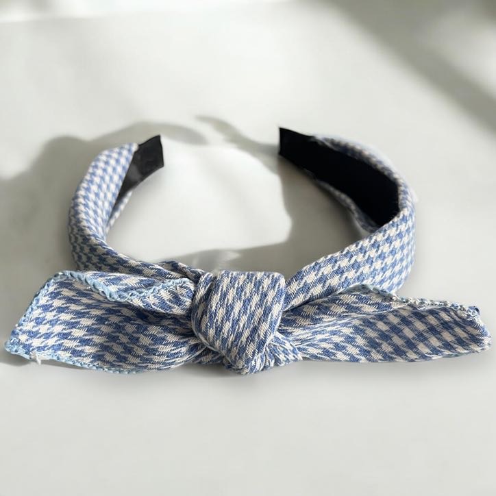 Opaska do włosów kokarda supeł niebieska biała pepitka