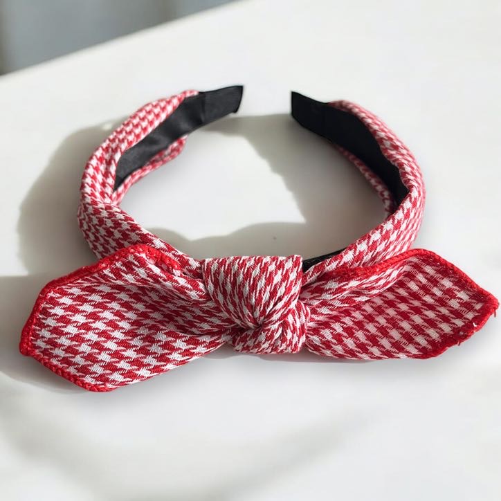 Opaska do włosów kokarda supeł czerwona biała pepitka