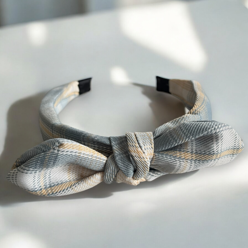 Opaska do włosów dla dzieci materiał kokarda szara kratka prezent