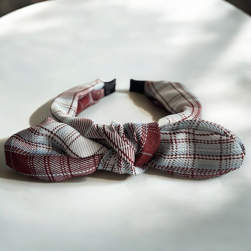 Opaska do włosów dla dzieci materiał kokarda bordowa kratka prezent