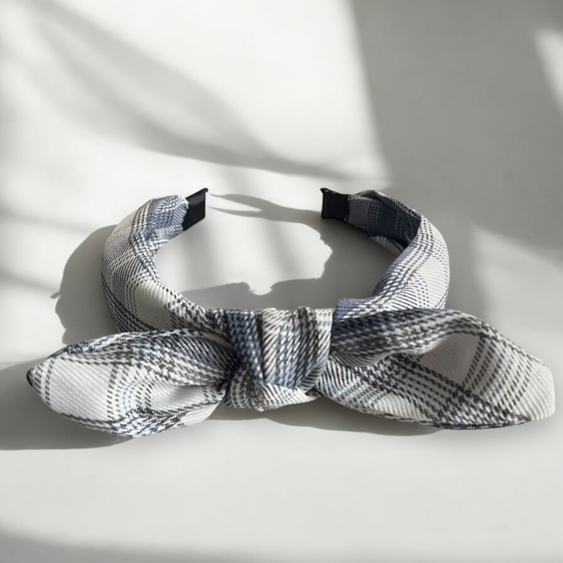 Opaska do włosów dla dzieci materiał kokarda niebieska biała kratka prezent