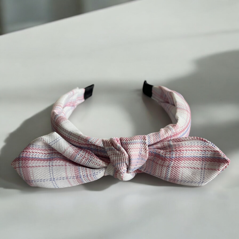 Opaska do włosów dla dzieci materiał kokarda różowa biała kratka prezent