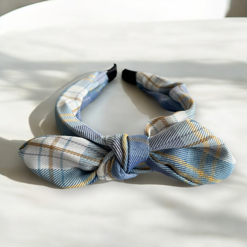 Opaska do włosów dla dzieci materiał kokarda niebieska żółta kratka prezent