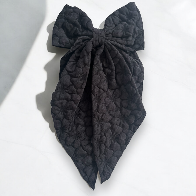 Spinka do włosów DUŻA czarna kokarda tłoczony wzorek