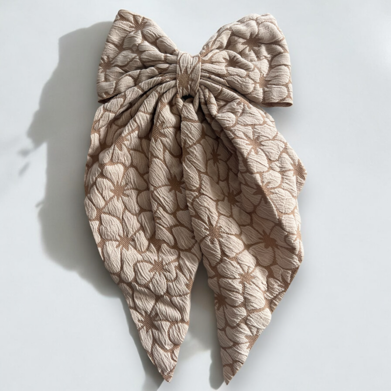 Spinka do włosów DUŻA jasna brązowa kokarda tłoczony wzorek