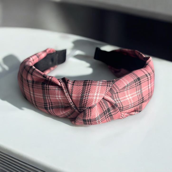 Opaska do włosów materiał supeł turban RÓŻOWA kratka krata