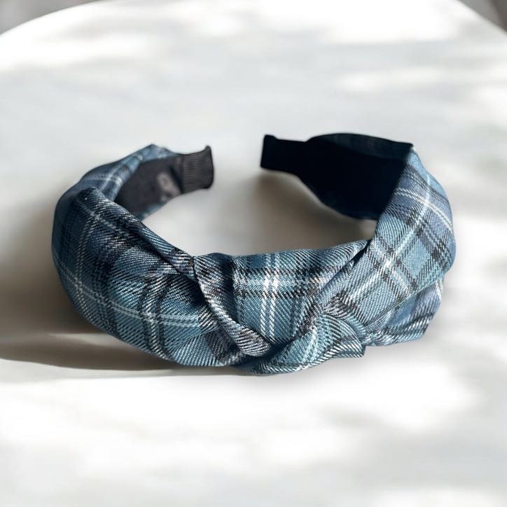 Opaska do włosów materiał supeł turban NIEBIESKA kratka krata