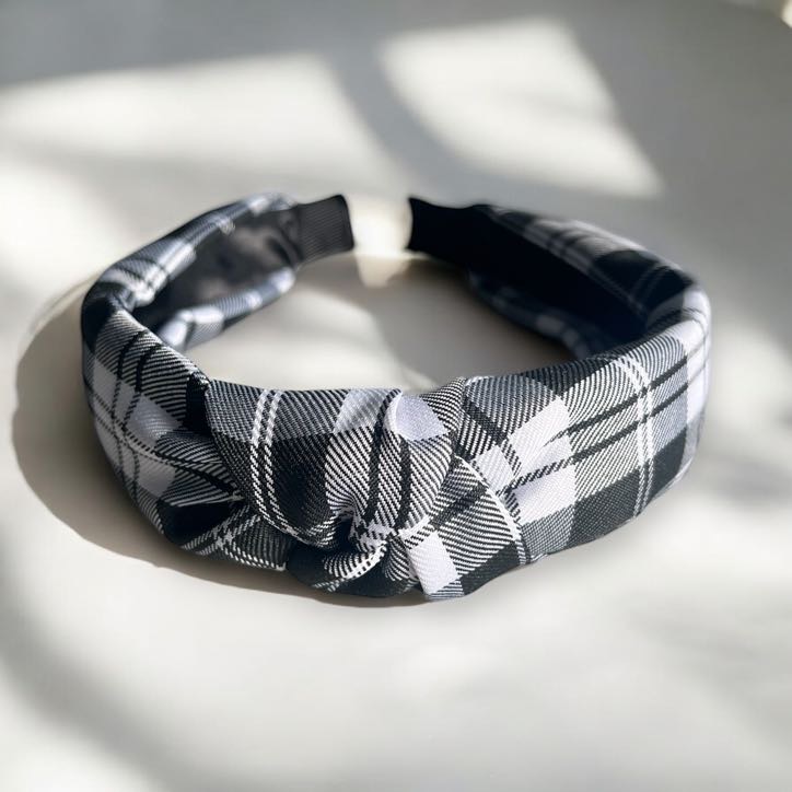 Opaska do włosów materiał supeł turban CZARNA BIAŁA kratka krata