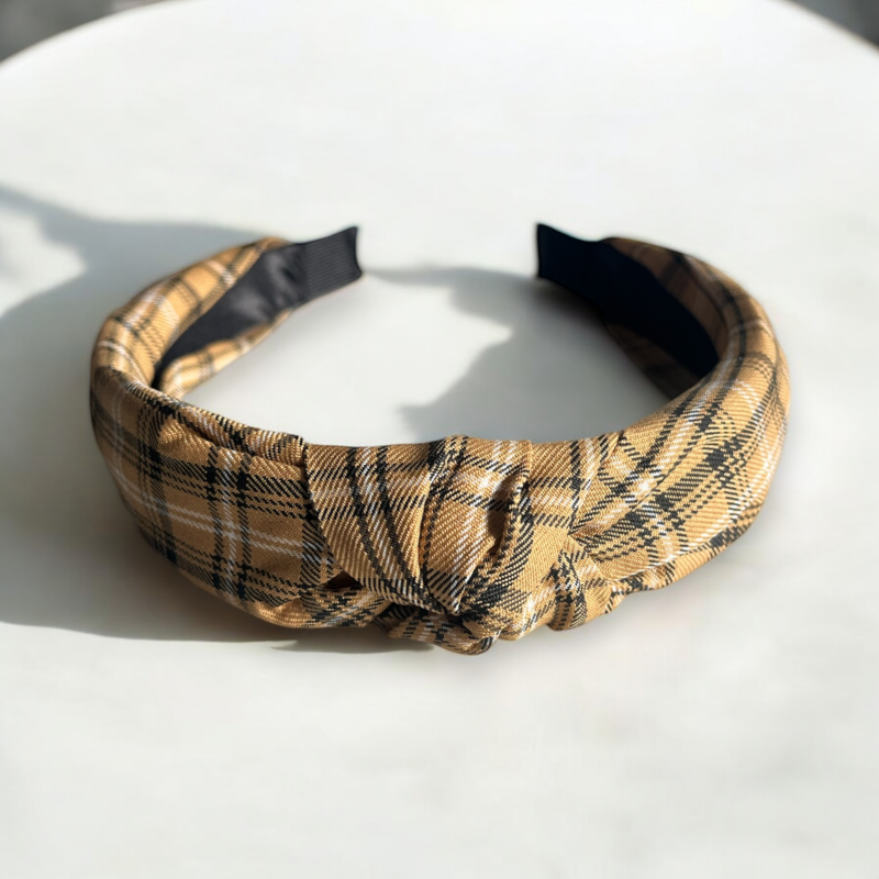 Opaska do włosów materiał supeł turban ŻÓŁTA MUSZTARDOWA kratka krata
