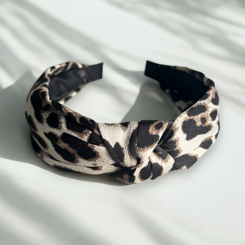 Opaska do włosów PIN UP supeł kremowa brązowa panterka