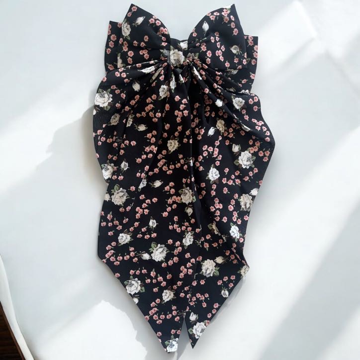 Spinka do włosów klamra DUŻA czarna kokarda kolorowe drobne kwiatki