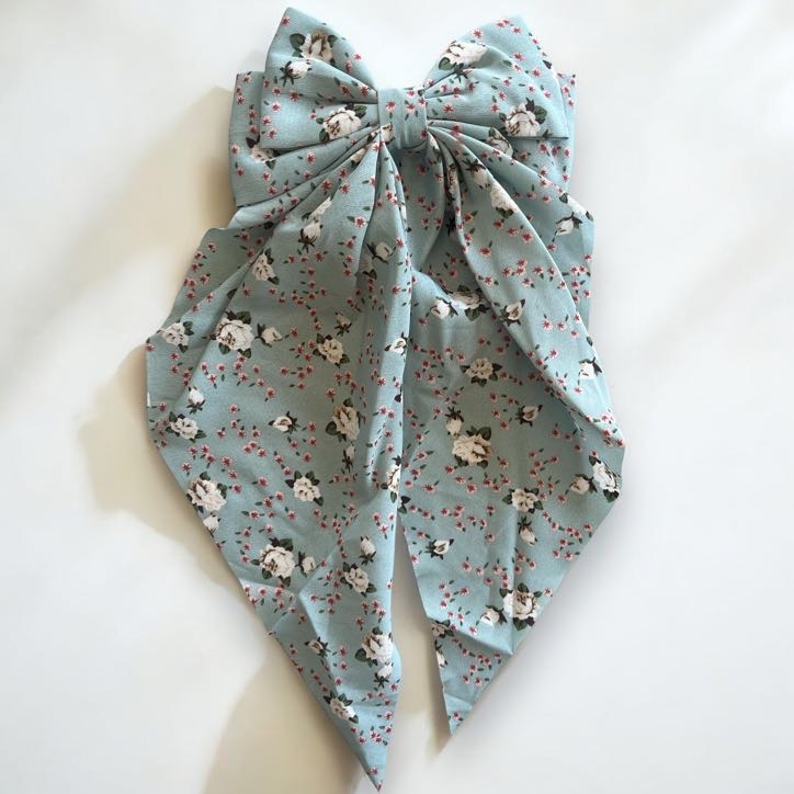 Spinka do włosów klamra DUŻA seledynowa kokarda kolorowe drobne kwiatki