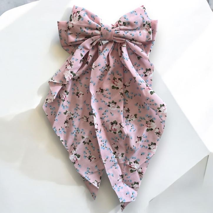 Spinka do włosów klamra DUŻA różowa kokarda kolorowe drobne kwiatki