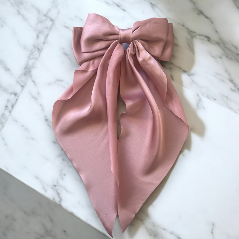 Spinka do włosów DUŻA różowa brudny róż kokarda satyna gładka