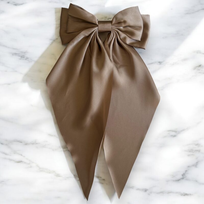 Spinka do włosów DUŻA jasny brąz kokarda satyna GŁADKA klamra