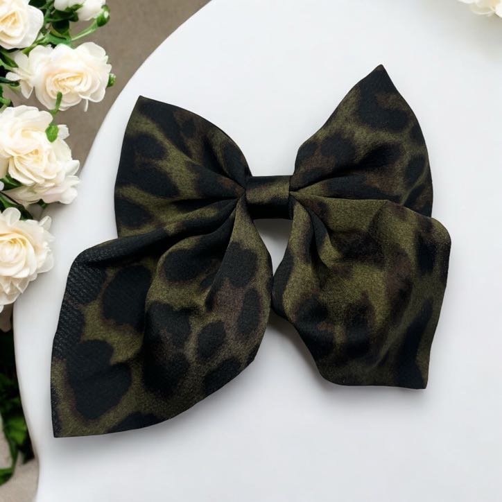 Spinka do włosów zielona oliwkowa panterka kokardka kokarda