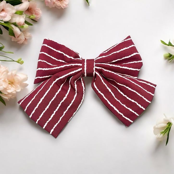 Spinka do włosów DUŻA bordowa kokarda białe paski
