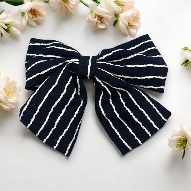 Spinka do włosów DUŻA granatowa kokarda białe paski