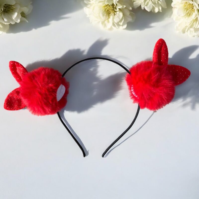 Opaska do włosów dziecięca dla dziewczynki czerwone pompony uszy królik