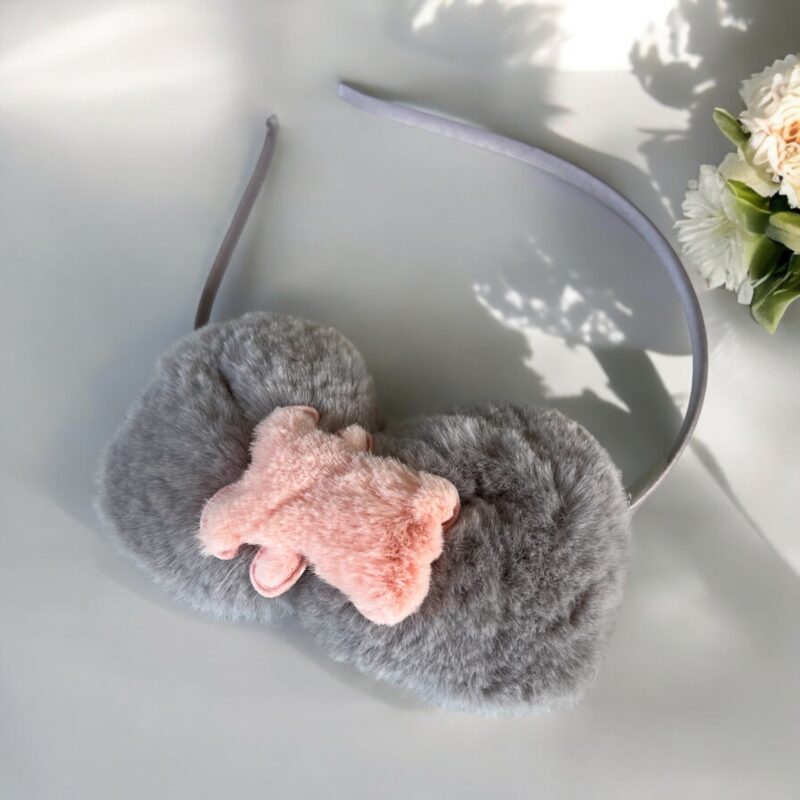 Opaska do włosów dziecięca dla dziewczynki szara kokardka miś misiek