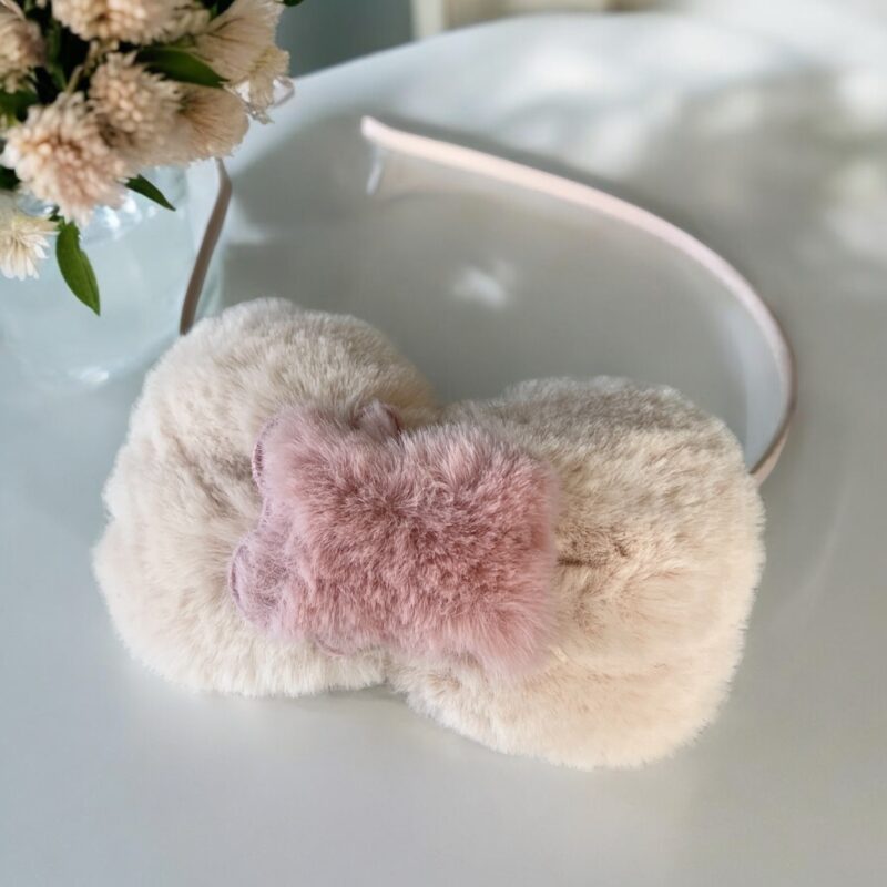 Opaska do włosów dziecięca dla dziewczynki beżowa kokardka miś misiek