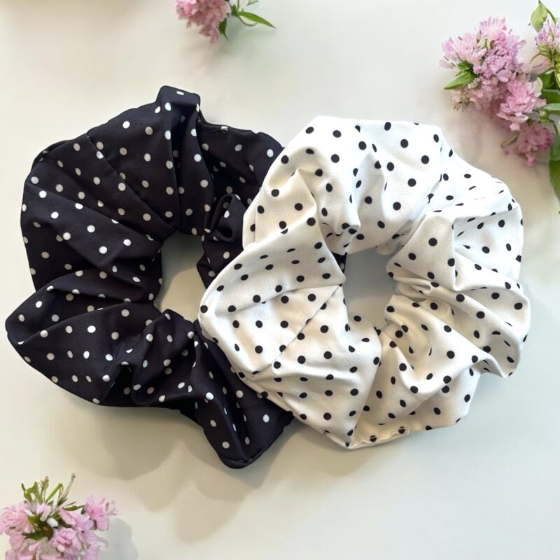Gumki do włosów SCRUNCHIE biała czarna kropki 2 sztuki para