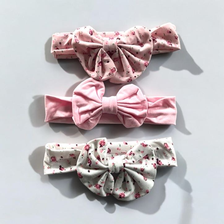 Opaski dziecięce do włosów zestaw 3 sztuki materiałowe kwiatki różowe białe