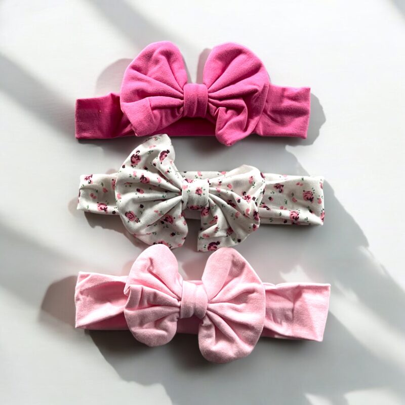 Opaski dziecięce do włosów zestaw 3 sztuki materiałowe kwiatki różowe białe