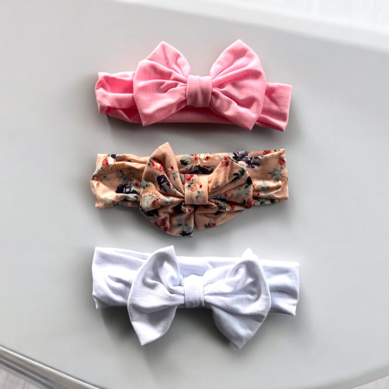 Opaski dziecięce do włosów zestaw 3 sztuki materiałowe kwiatki różowe białe