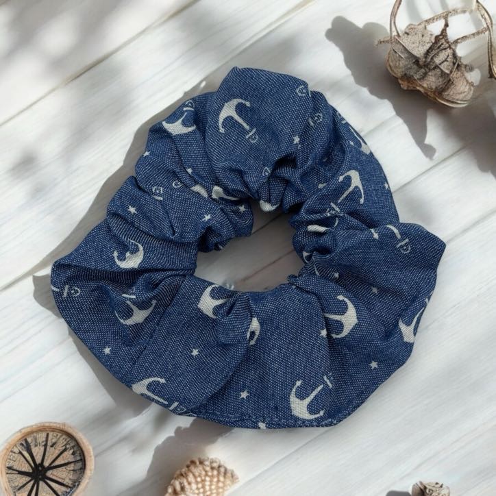 Gumka do włosów SCRUNCHIE frotka granatowa jeans jeansowa kotwice