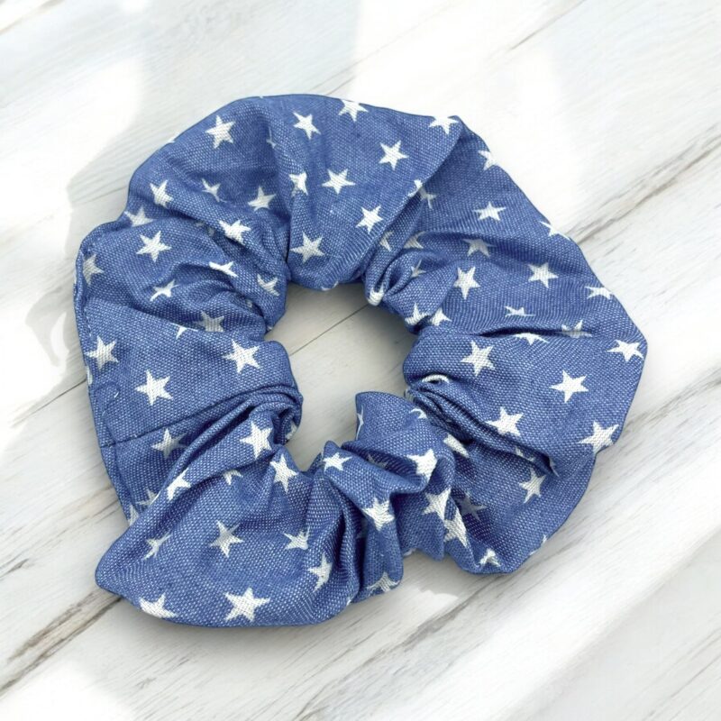 Gumka do włosów SCRUNCHIE frotka jasny jeans jeansowa gwiazdki